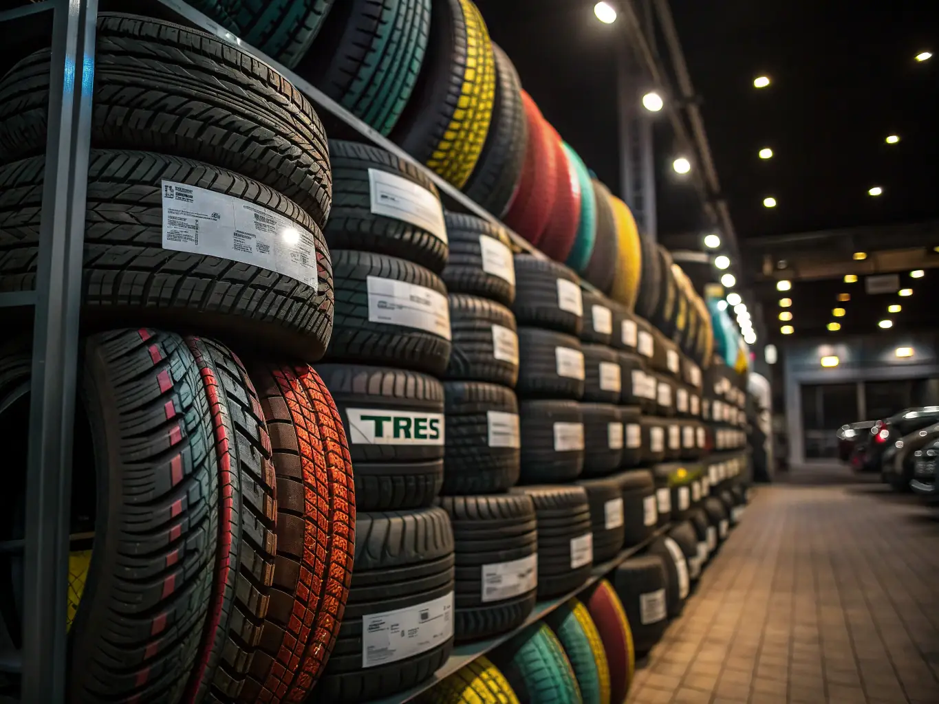 An image showcasing a variety of tyres available for sale at Brisbane Quality Tyre, neatly stacked and organized in the shop.