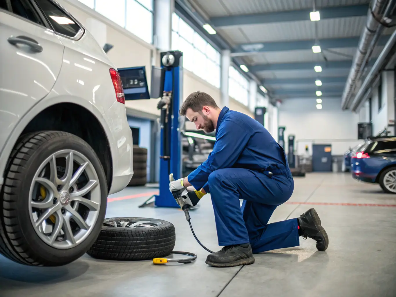 A mechanic fitting a tyre on a vehicle in the workshop, using professional equipment and demonstrating expertise.