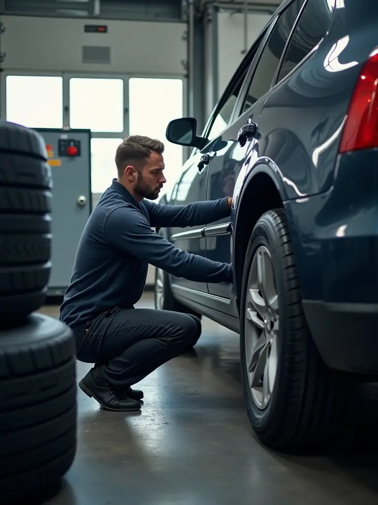 A close-up shot of a mechanic repairing a tyre puncture with specialized tools at Brisbane Quality Tyre, emphasizing attention to detail.