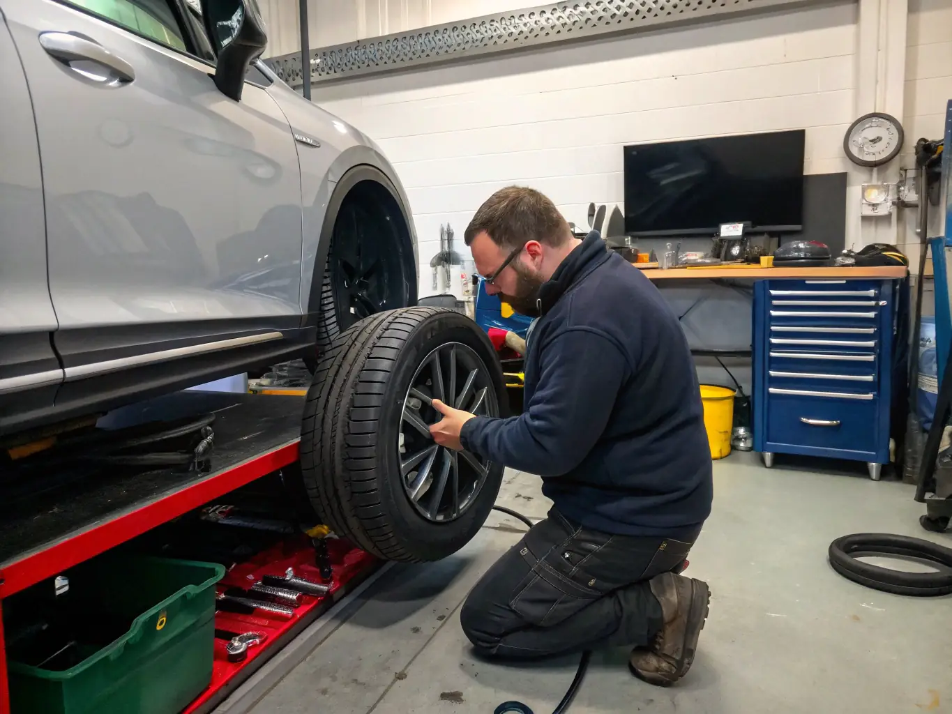 A mechanic expertly fitting a tyre onto a car wheel in the Brisbane Quality Tyre workshop, showcasing the precision and care taken during the process.