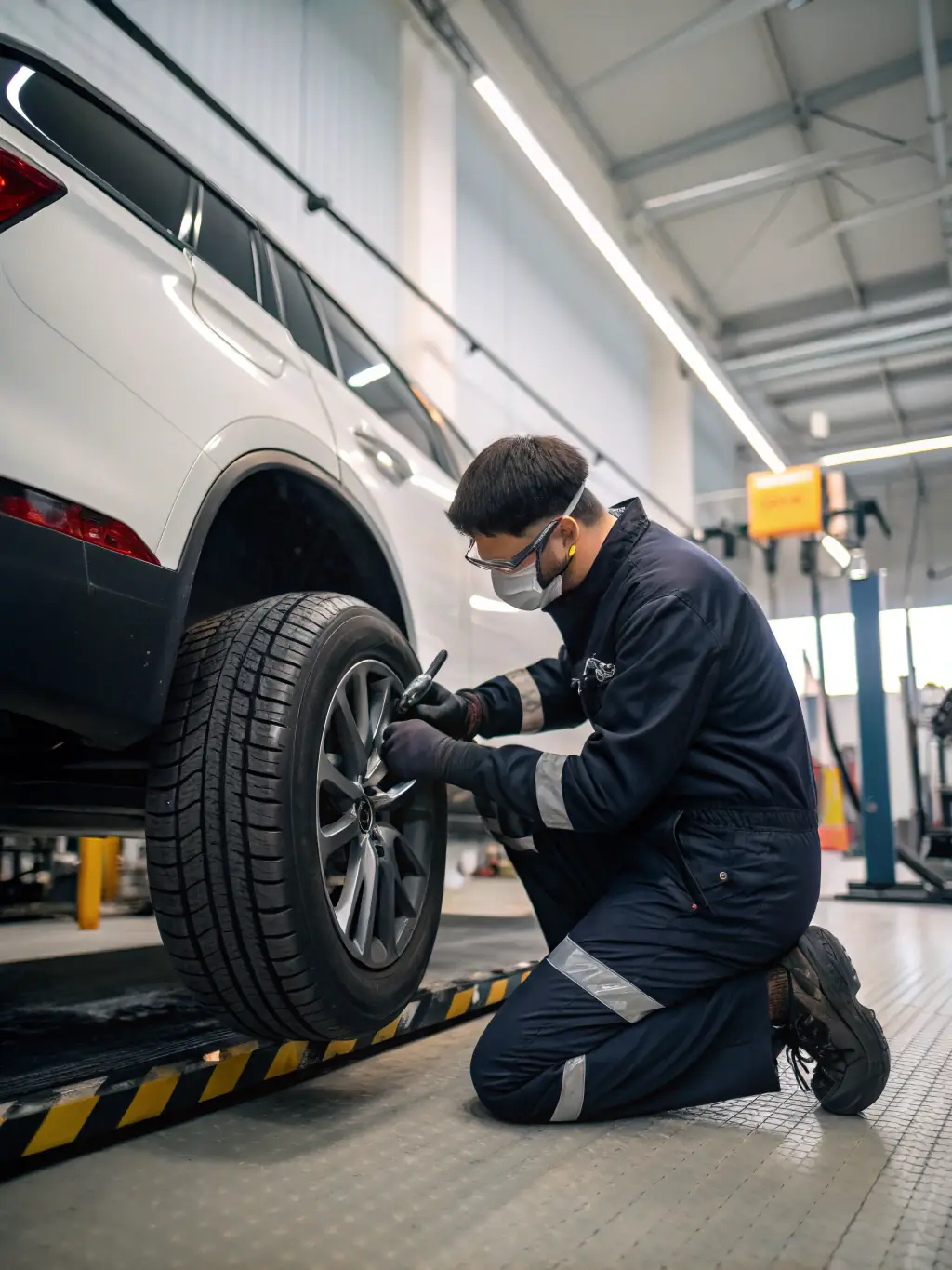 A mechanic inspecting a tyre for wear and tear at Brisbane Quality Tyre, highlighting the importance of regular tyre maintenance.