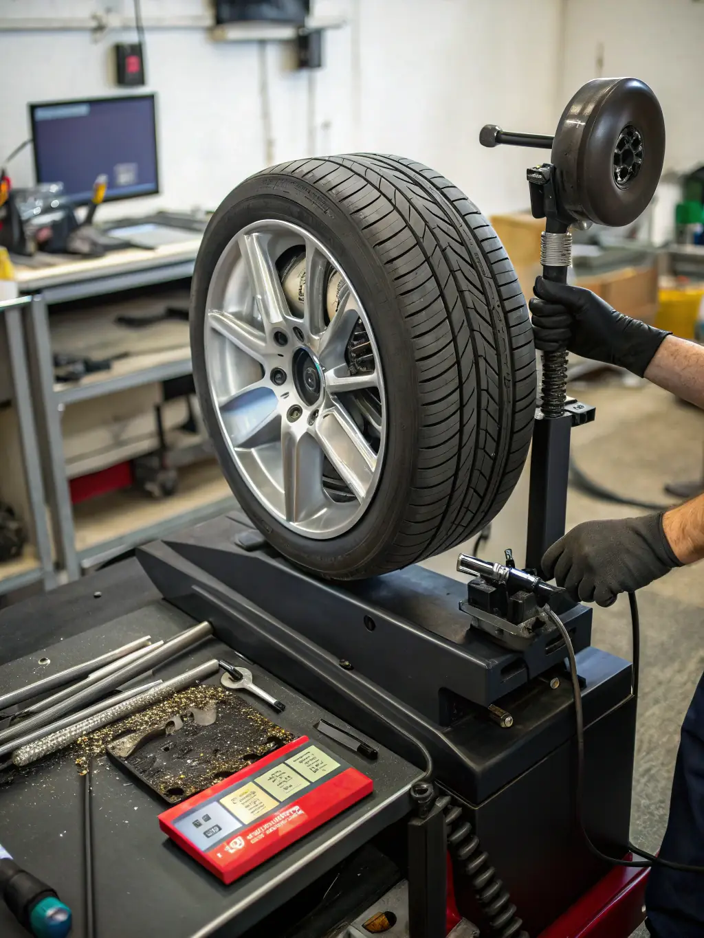 A balanced tyre on a balancing machine at Brisbane Quality Tyre, illustrating the importance of proper wheel balancing for a smooth ride.